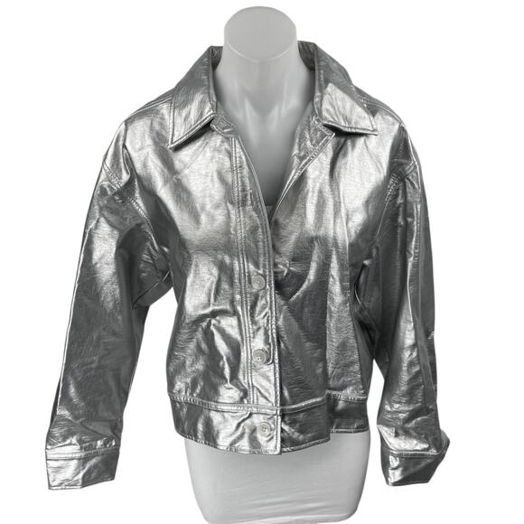 NIA Women's Silver Metallic Collared Long Sleeve Button Up Coat Jacket Size S - Picture 1 of 4